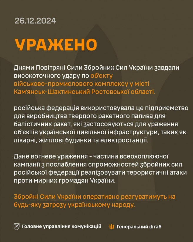 На Ростовщині ракетним ударом уражений завод з виробництва ракетного палива - Генштаб