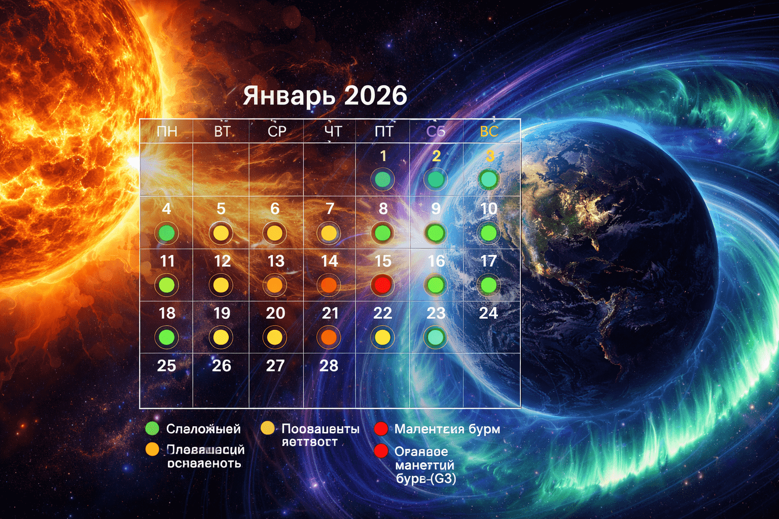 Прогноз магнитных бурь на январь 2026 года: календарь опасных дней, уровни активности, влияние на здоровье и практические рекомендации.