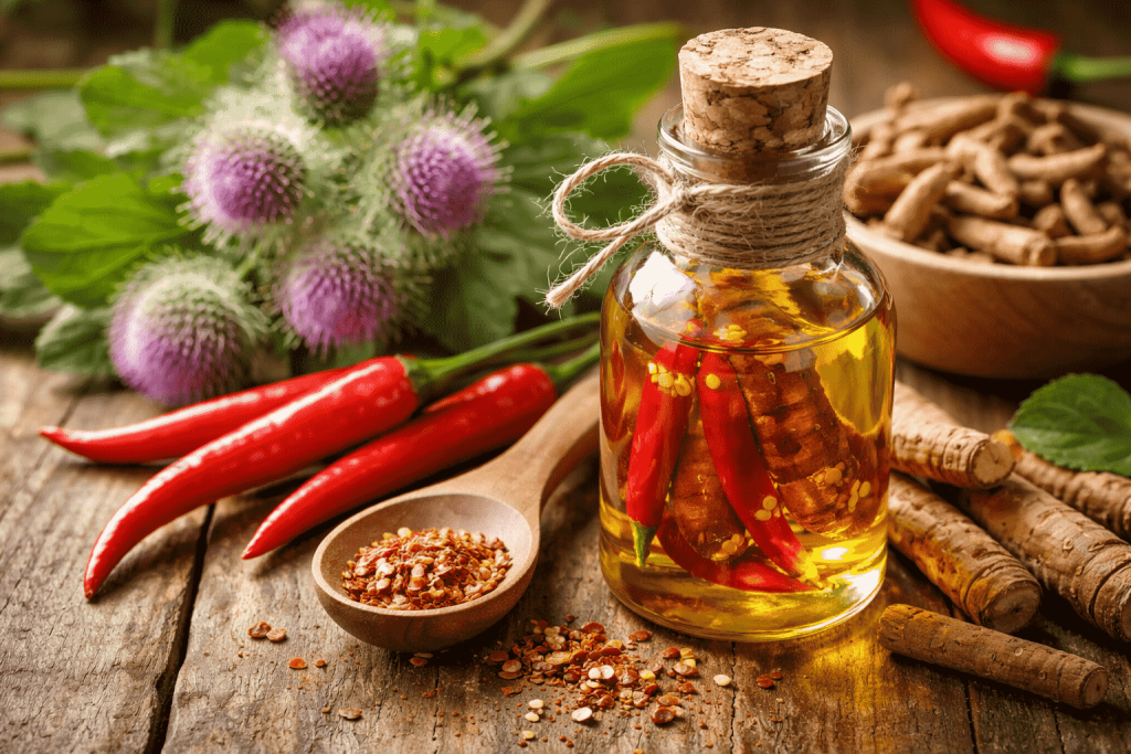 Репейное масло с экстрактом перца чили стимулирует рост волос и активирует луковицы. Узнайте, как правильно применять, и какие есть противопоказания