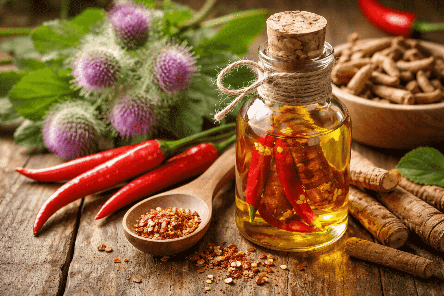 Репейное масло с экстрактом перца чили стимулирует рост волос и активирует луковицы. Узнайте, как правильно применять, и какие есть противопоказания