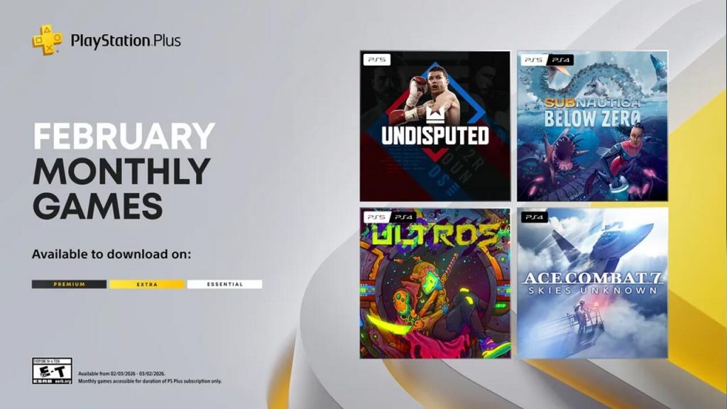 PlayStation Plus на февраль 2026 года: четыре бесплатные игры, включая Undisputed, Subnautica: Below Zero, Ace Combat 7 и Ultros, доступны с 3 февраля.