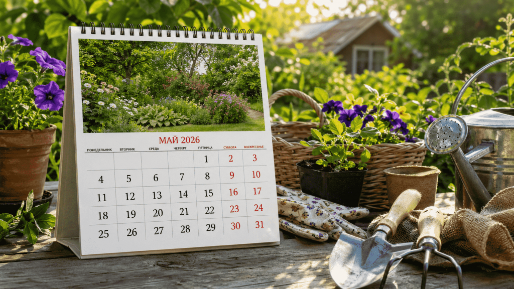Посевной календарь на май 2026 с фазами Луны, таблицей на каждый день, работами в саду, огороде и клумбе.