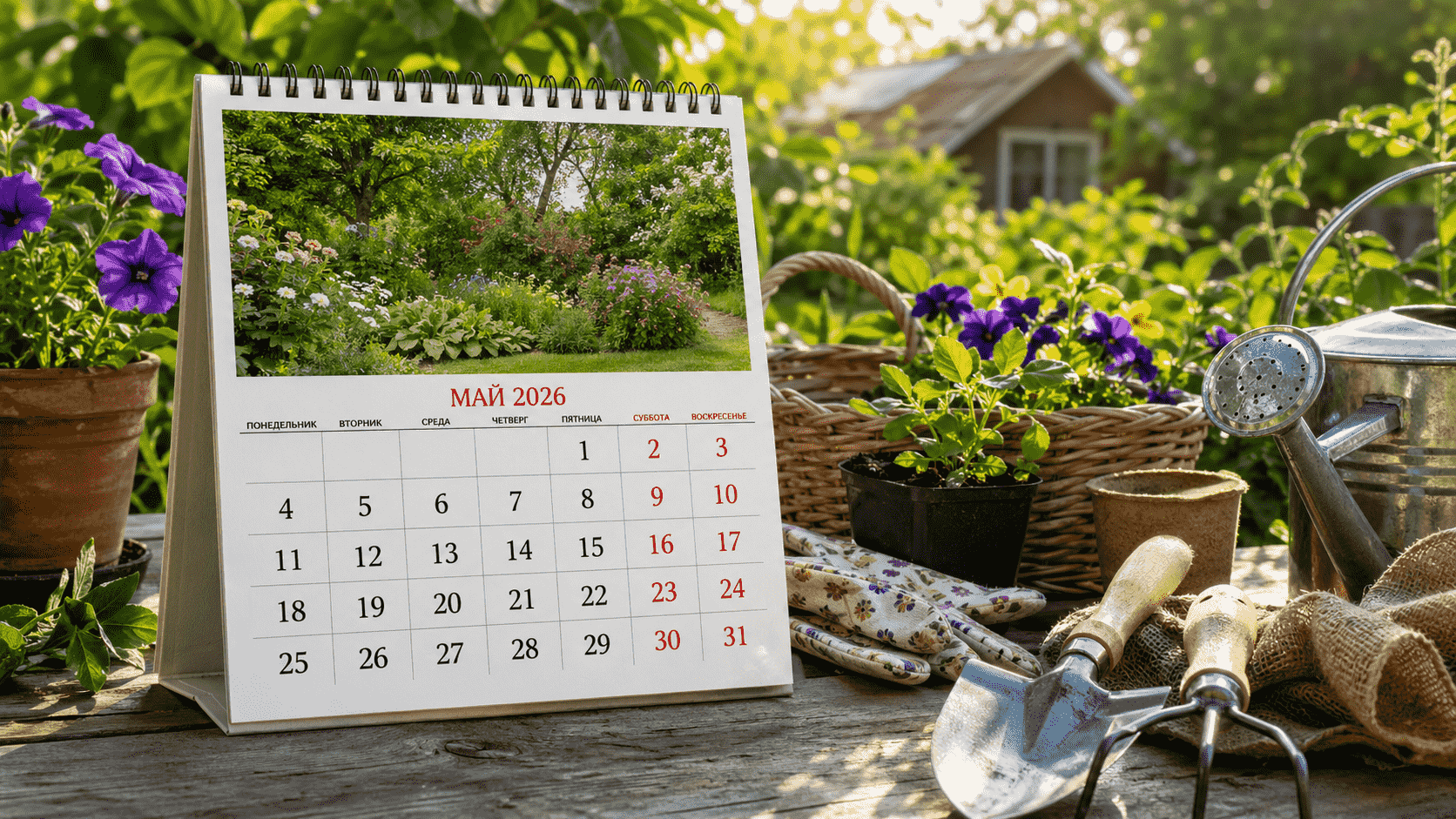 Посевной календарь на май 2026 с фазами Луны, таблицей на каждый день, работами в саду, огороде и клумбе.