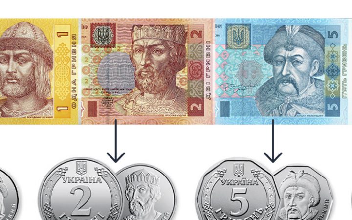 Бумажные купюры 1, 2 и 5 гривен образца 2003–2007 годов и монеты, которые их заменили