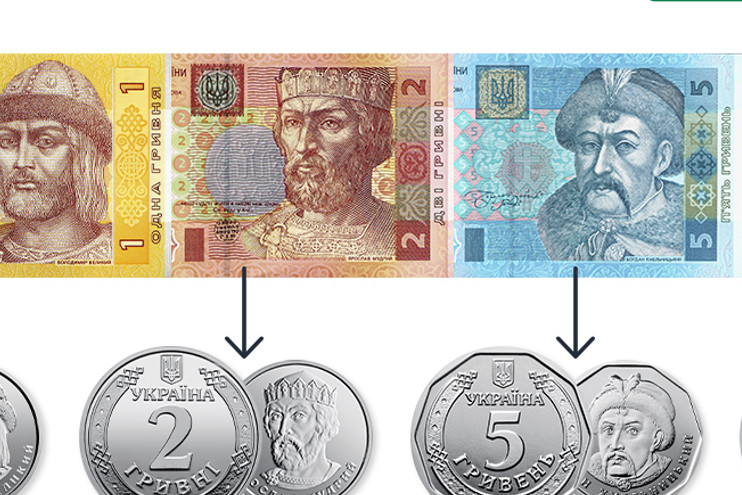 Бумажные купюры 1, 2 и 5 гривен образца 2003–2007 годов и монеты, которые их заменили